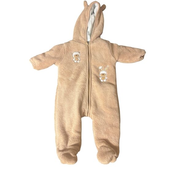 Absorba Hooded Fleece Snowsuit Bunting Suit Beige Bear Bunny Embroidered 3/6M - Picture 1 of 5